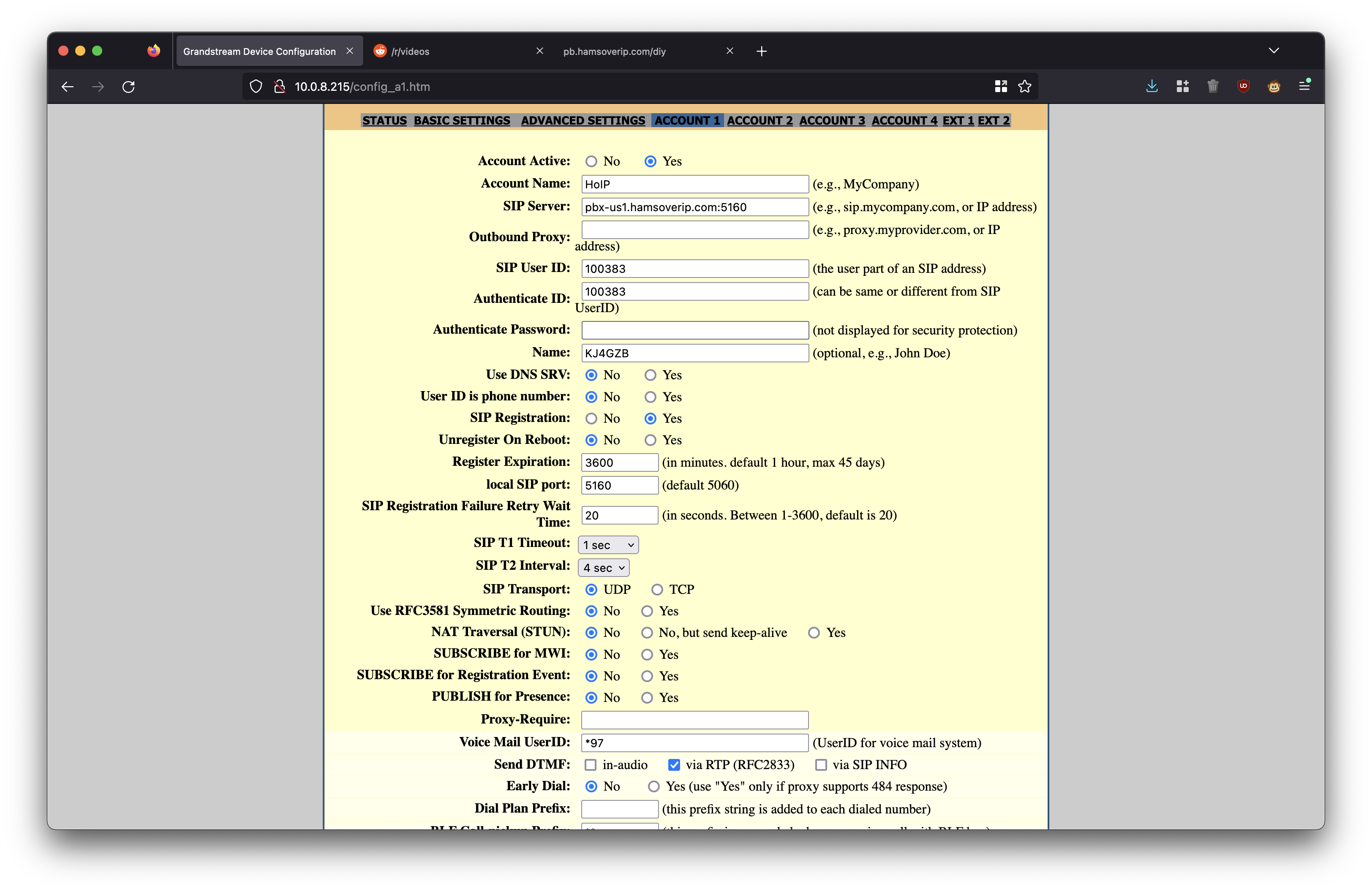 Screenshot of the account 1 configuration page, pt 1