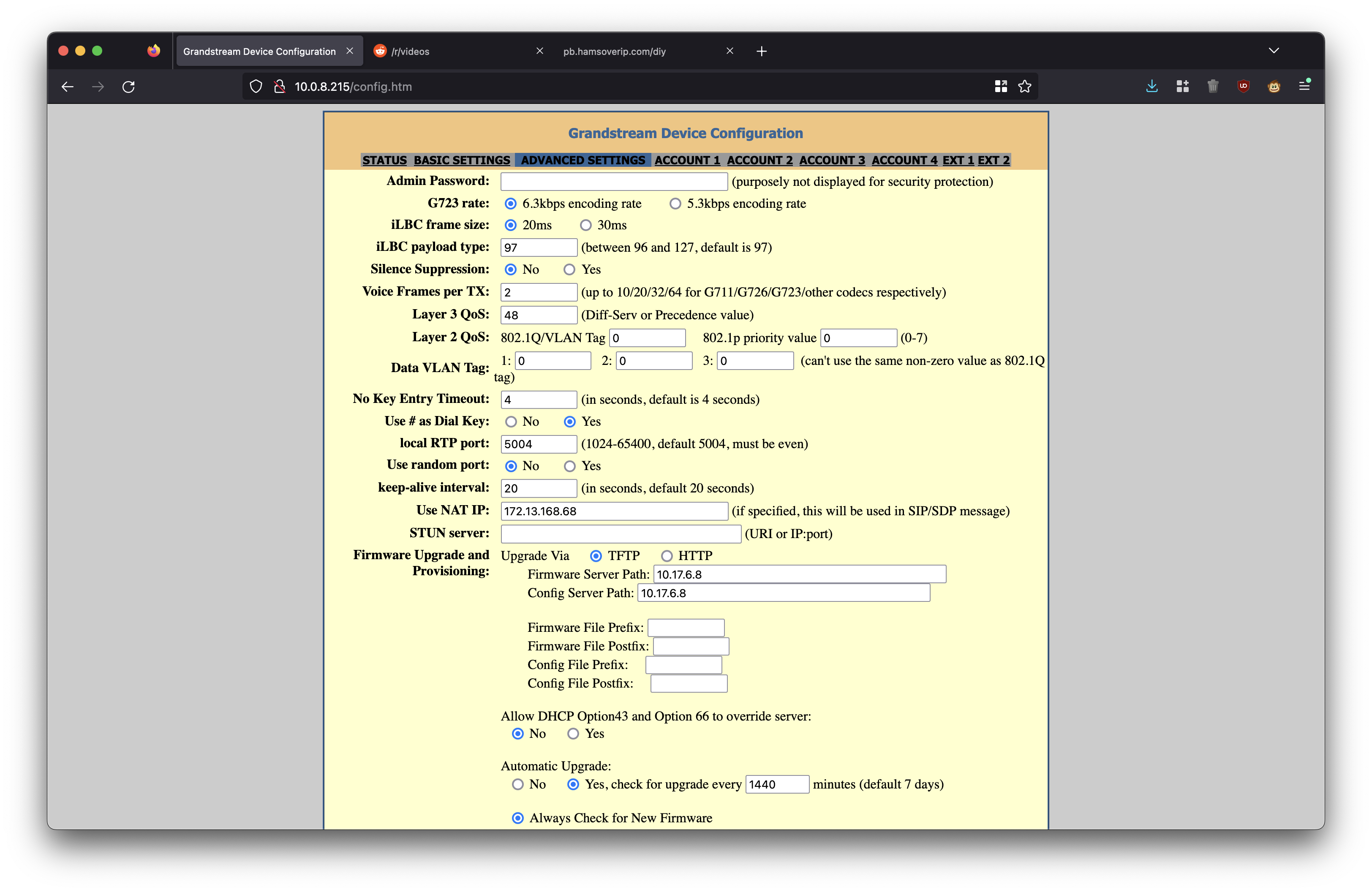 Screenshot of the advanced configuration page, pt 1