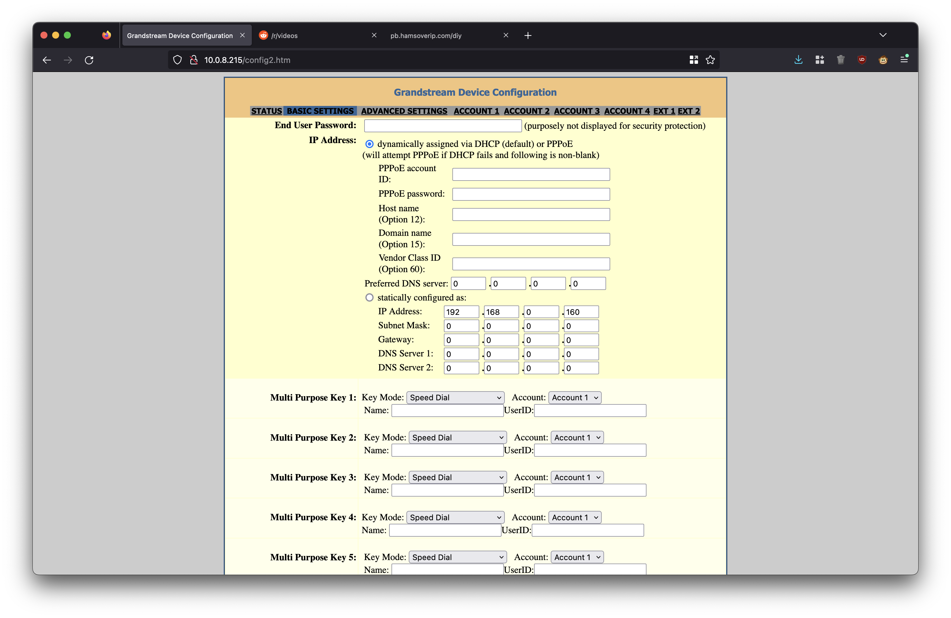 Screenshot of the basic configuration page, pt 1